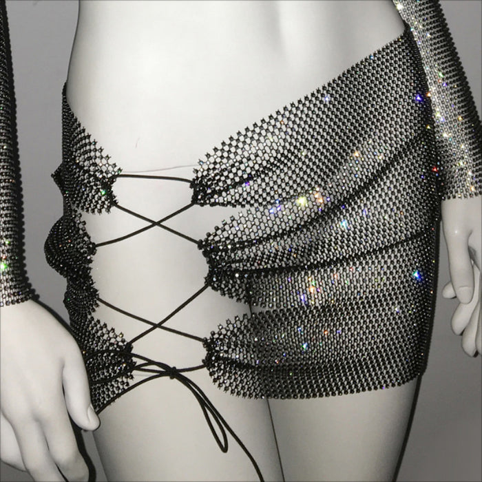 Sexy See through Mesh Rhinestone Fishnet Tube Top Skirt Sexy Set