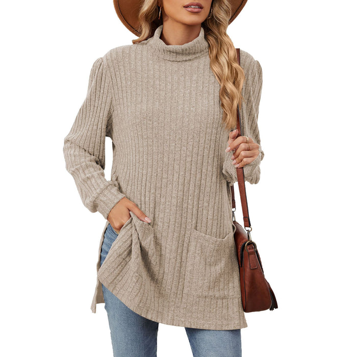 Autumn Winter Half High Collar Long Sleeves Loose Split Pocket T shirt Top