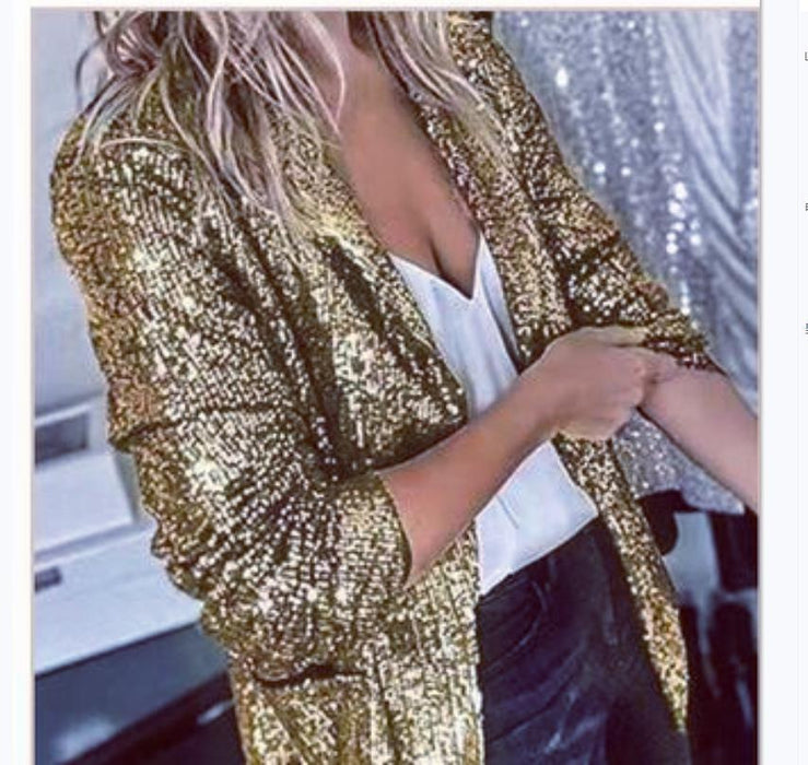 Casual Big Sequin Top Sequined Long Sleeve Office Collared Elegant Small Blazer