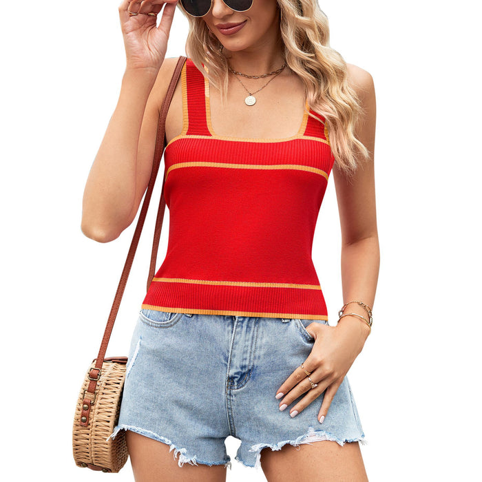 Women Clothing Summer Contrast Color Knitting Sweater Short Cropped Tank Top