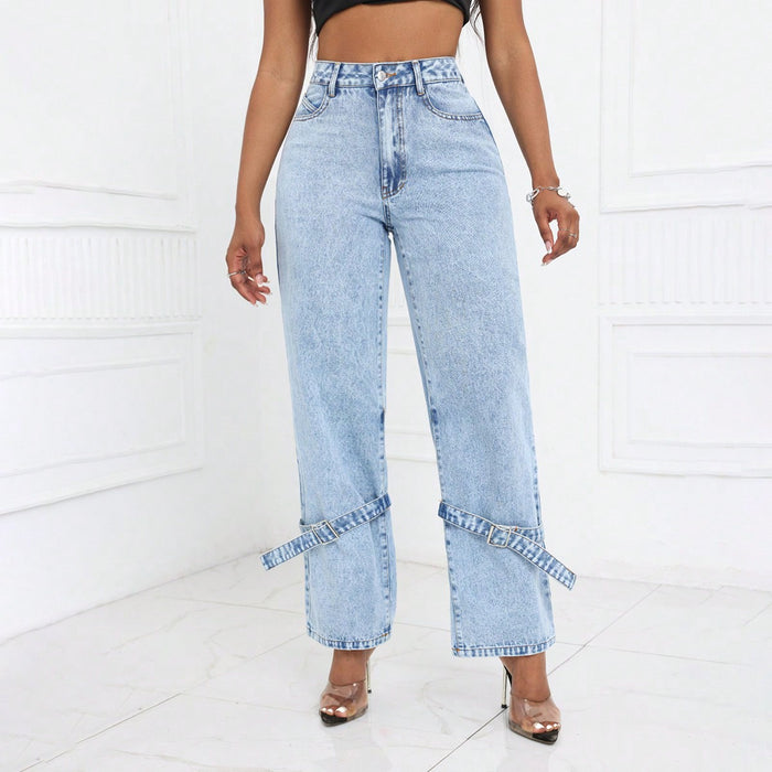 Women Clothing Straight Loose High Waist Jeans Trousers