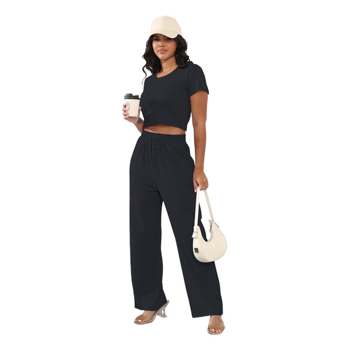 Summer Round Neck Short Sleeved Women Clothing Two Piece Suit Casual Wide Leg Pants Suit Cotton