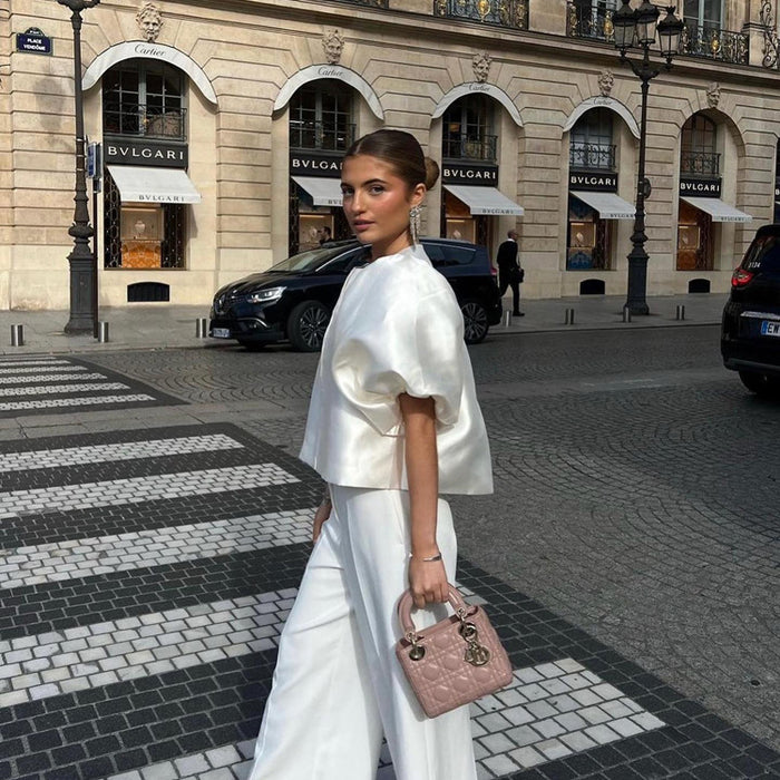 Spring Summer Satin Puff Sleeve Short Top Loose White Shirt