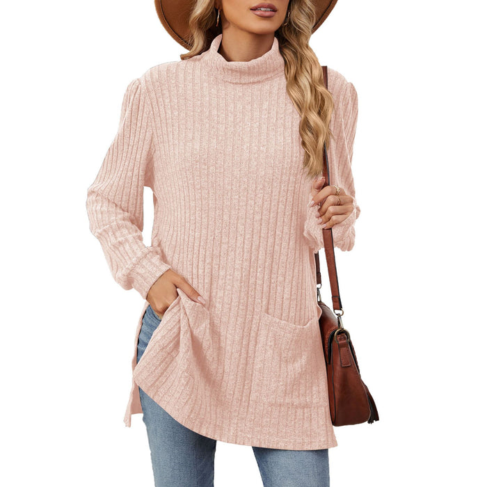 Autumn Winter Half High Collar Long Sleeves Loose Split Pocket T shirt Top