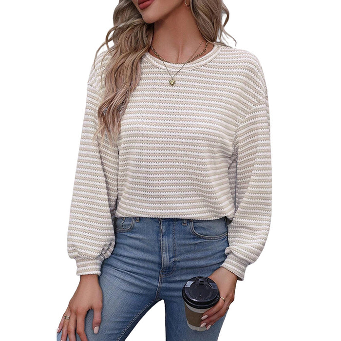 Autumn Striped Color Block Crew Neck Pullover Women Office All Matching Drop Shoulder Long Sleeve T Shirt Women