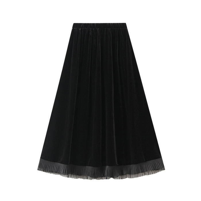 Velvet Contrast Color Pleated Skirt Women Autumn Winter Black High Waist Pleated Skirt