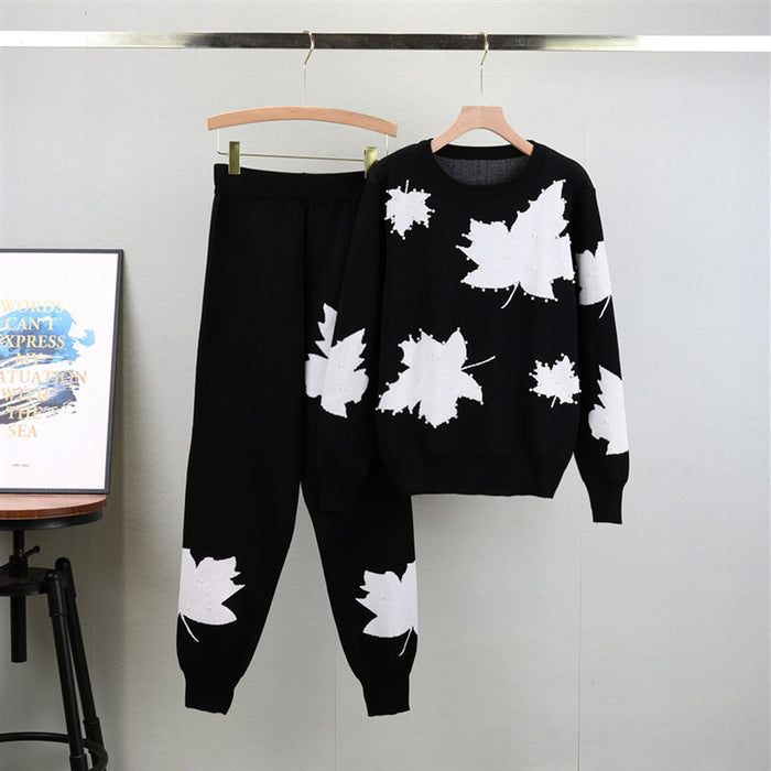 Knitted Two Piece Jacquard Beaded Round Neck Sports Casual Knitting Suit Women Autumn Winter Tide