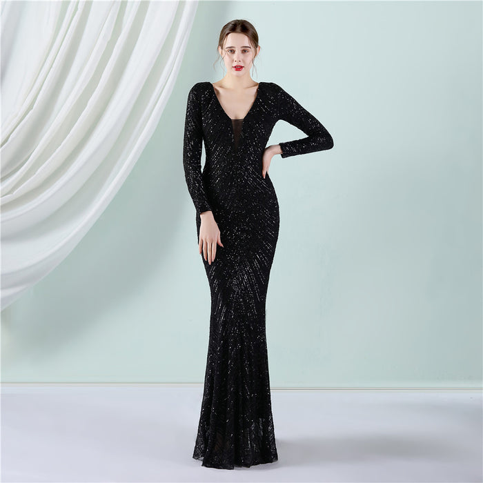 Positioning Floral Sequin Evening Dress Women Banquet Elegant Long Sleeve Sequined Queen Fishtail Dress