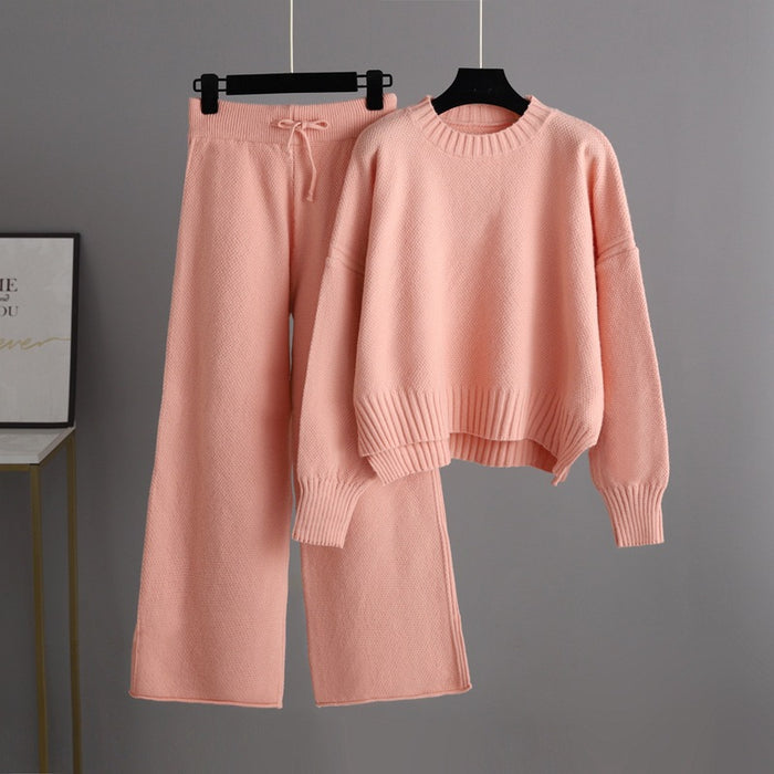 Autumn Winter Casual Knitting Work Pant Women Korean Loose Sweater Wide Leg Pants Pants Two Piece Set