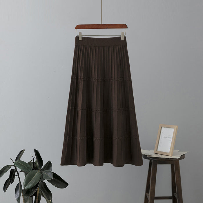 Woolen Knitted Skirt Women Mid Length Thickened Autumn Winter High Waist Slimming A line Pleated Skirt Big Hem Umbrella Skirt