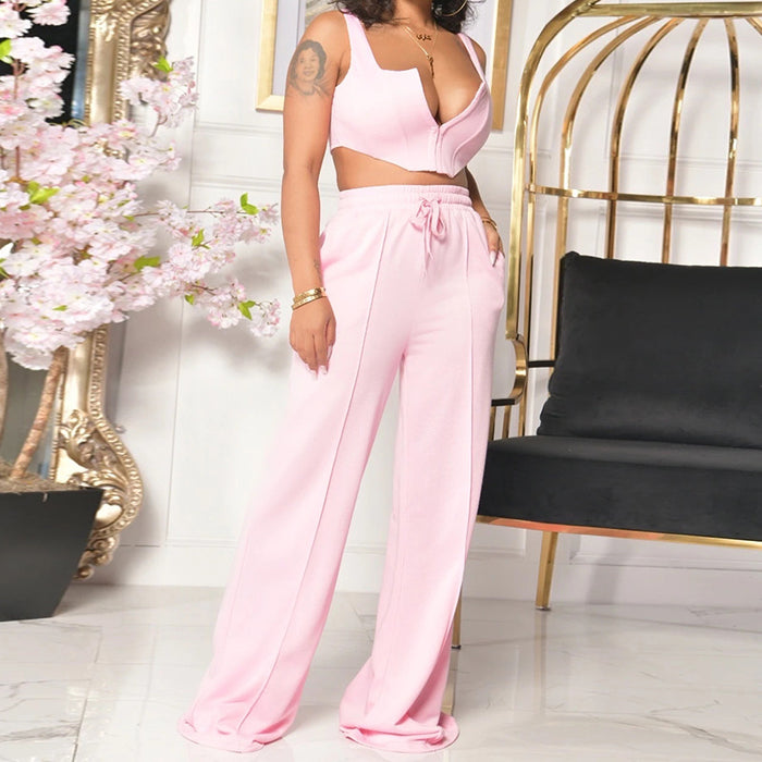 Women Clothing Solid Color Sexy Top Loose Mop Wide Leg Pants Two Piece Set