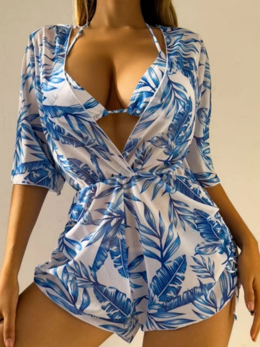 Three Piece Bikini Leaves Printed Waist Controlled Lace up Long Sleeve Beach Anti Ddos Swimsuit