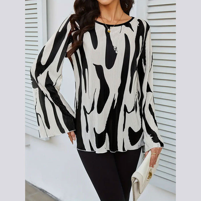 Pleated Printed Flared Sleeves Long Sleeves Top Women Loose Round Neck T shirt Women Summer