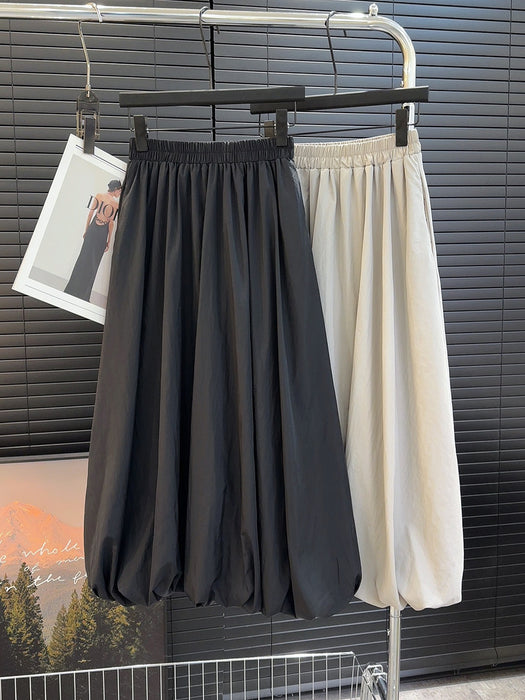 Solid Color Puffy Elastic Waist High Waist Skirt Women Summer Slimming Mid Length Pocket A line Skirt