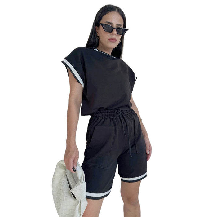 Summer Contrast Color Round Neck Pullover Women Two Piece Set Casual Exercise Suit