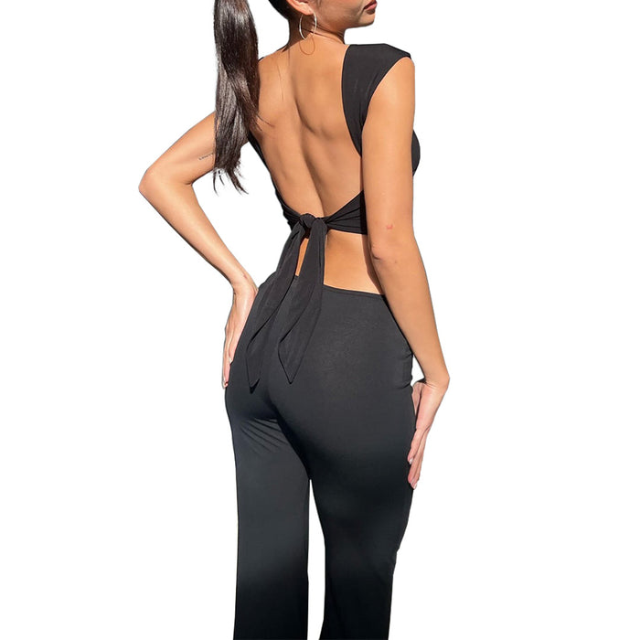 Women Clothing Sexy Slim Solid Color Lace up Backless Top