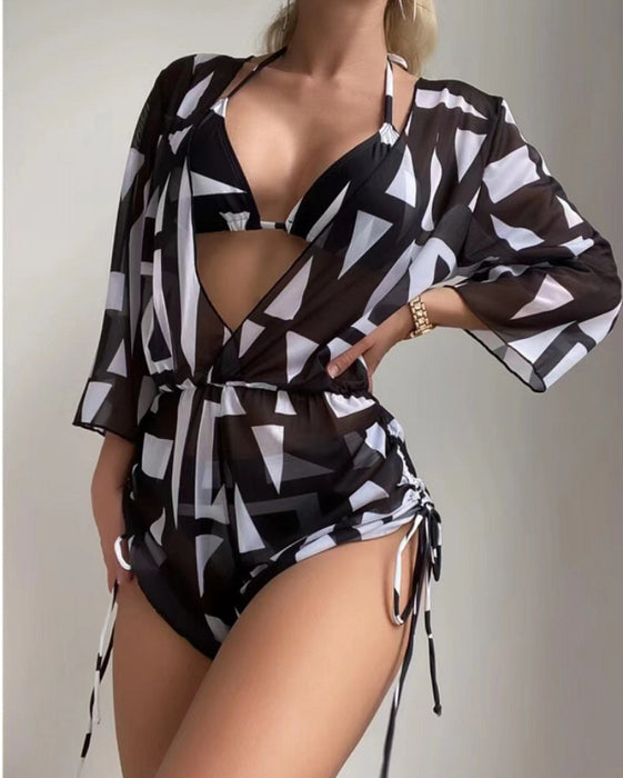 Three Piece Bikini Leaves Printed Waist Controlled Lace up Long Sleeve Beach Anti Ddos Swimsuit