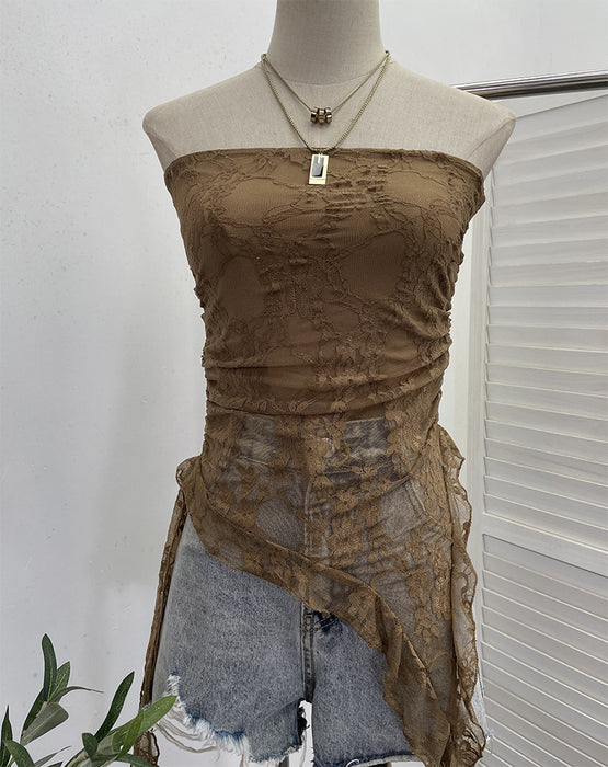 Sexy Sexy Cutout See Through Lace Tube Top Sleeveless Top Irregular Asymmetric Ribbon Vest