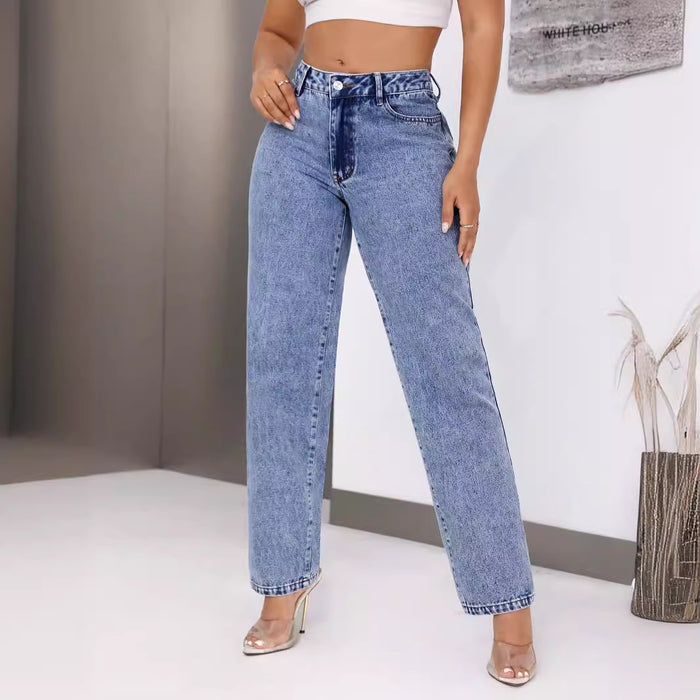 Women Retro High Waist Denim Straight Leg Trousers