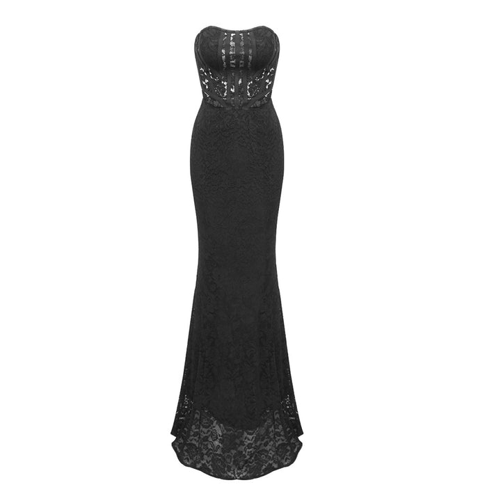 Spring Summer Black Lace Two Piece Women's Vest Long Skirt Semi Transparent Casual Suit