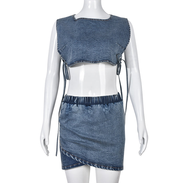 Summer Autumn Vest Short Skirt Stretch Two Piece Sexy Denim Women Wear