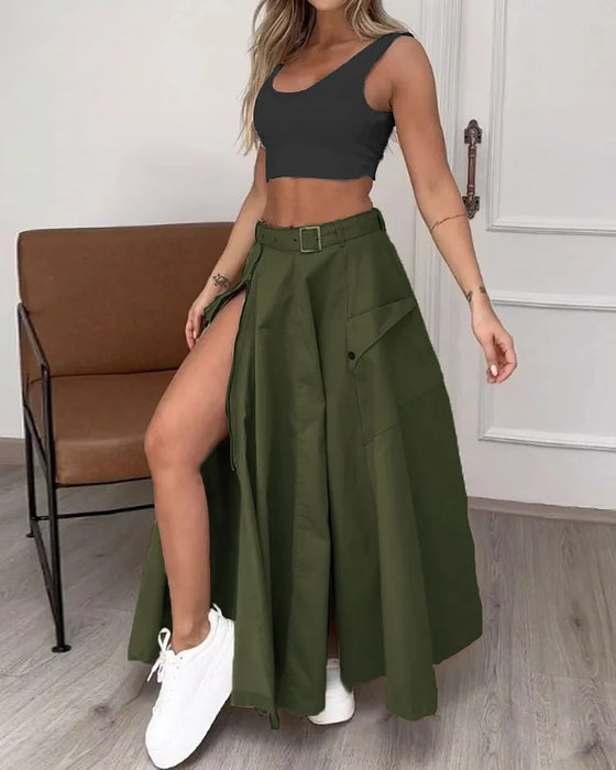 Ladies Set Summer Sleeveless Solid Color Slit Two Piece Set