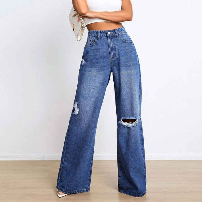 Women Clothing Jeans High Waist Loose Hole Slimming Wide Leg Pants