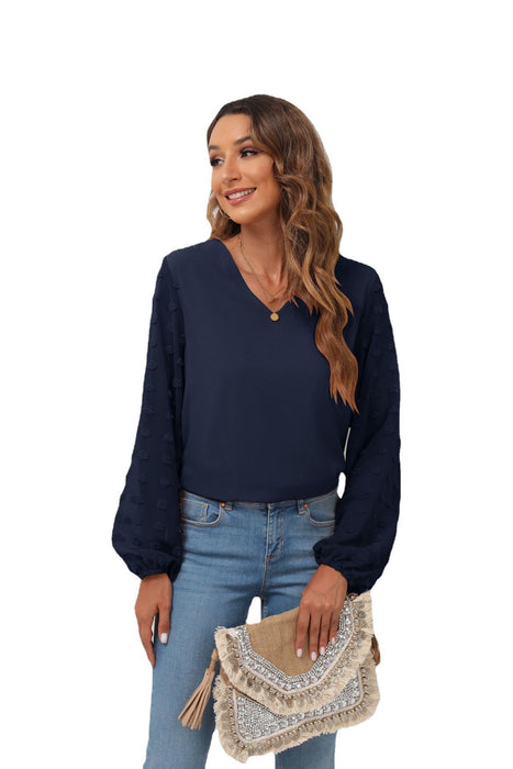 Spring Summer Women Clothing V neck Chiffon Shirt Stitching Long Sleeved Top Women with Lining