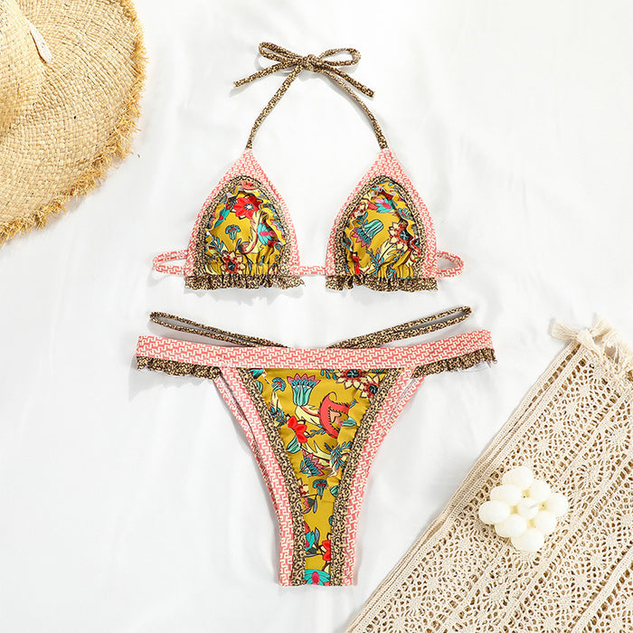 Strap Split Swimsuit Women Sexy Patchwork Backless Print Bikini