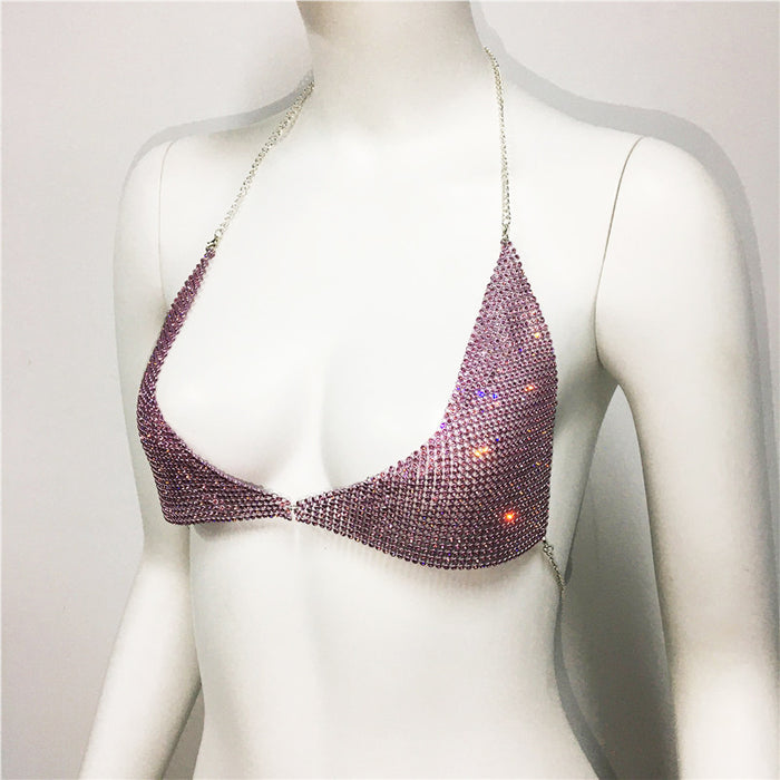 Women Clothing Body Cha Exaggerated Rhinestone Bikini Chest Necklace Sexy Nightclub Halter Spaghetti Straps Bra