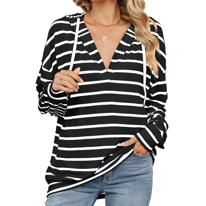 Autumn Winter Striped round Neck Hooded Long Sleeve Loose Sweatshirt Women