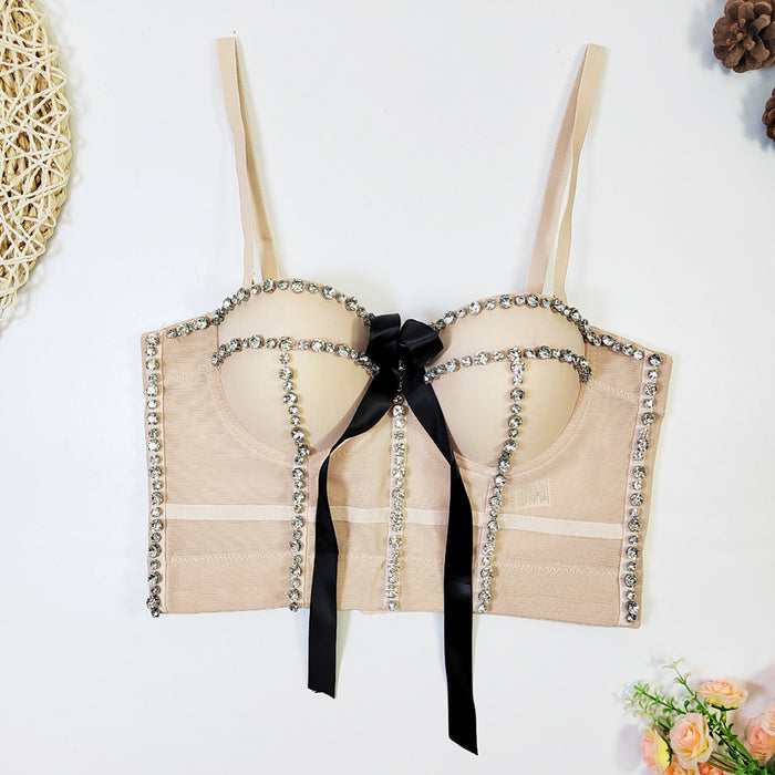 Bowknot Diamond-Embedded Body Shaping Sexy Tube Top French Design Niche Nightclub Tops Trendy Women Beaded Boning Corset Bra