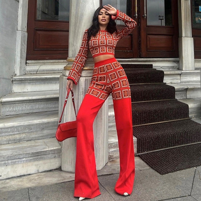 Women Clothing Autumn Winter National Printed Plaid Long Sleeve Short Top High Waist Straight Leg Pants Sets