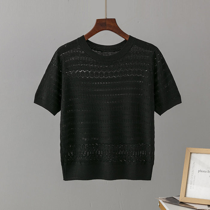 Spring Summer Korean Round Neck Pullover Hollow Out Cutout Design Breathable Air Conditioning Short Sleeve T shirt Knitwear Women