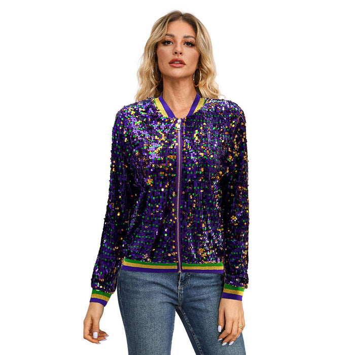 Long Sleeve Sequin Trendy Varsity Jacket Jacket Cardigan Women Clothes Coat