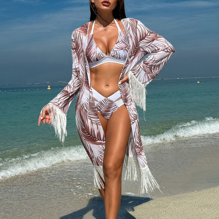 Swimsuit Women Bikini Three Piece Set Veils Skirt Miami Tassel Women Swimsuit