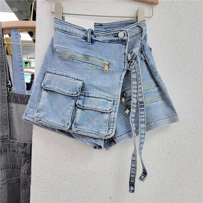 Korean Irregular Asymmetric Multi Pocket Workwear A Line Shorts Women Loose Wide Leg Summer Lace Up Denim Skirted Leggings