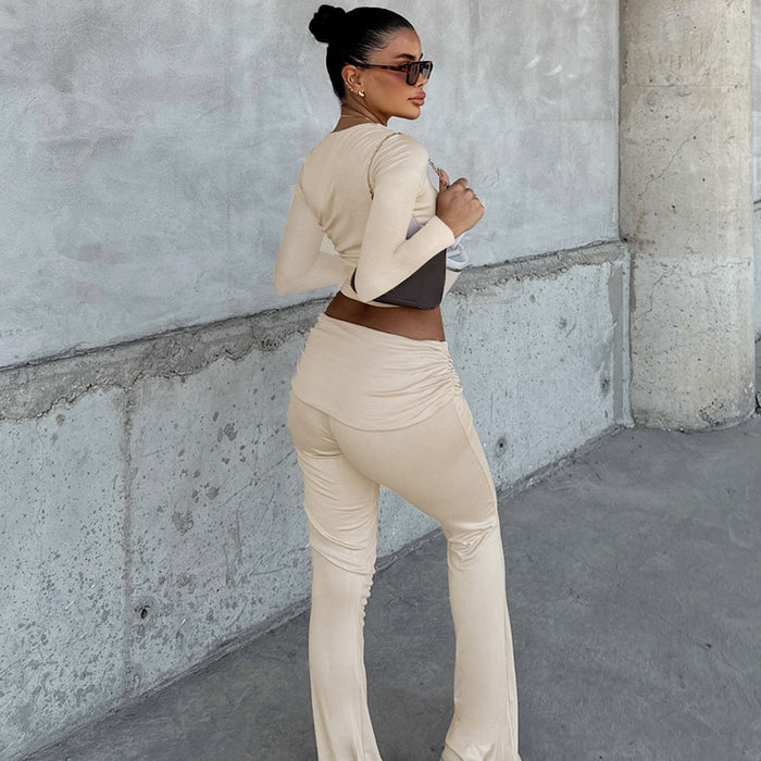 Women Clothing Autumn Winter Solid Color Long Sleeve Tight Trousers Two Piece Set Pleated Slim Fit