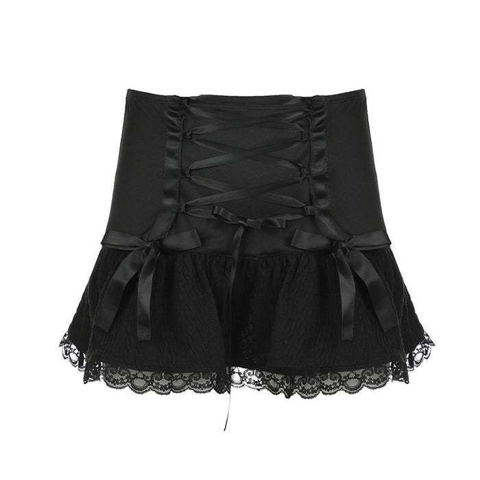 Dark Girl Bow Lace Stitching Cross Lace Pleated Skirt Sexy Dance Thin Looking Cool Skirt