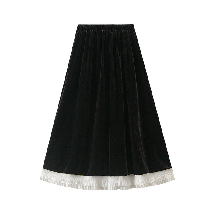 Velvet Contrast Color Pleated Skirt Women Autumn Winter Black High Waist Pleated Skirt