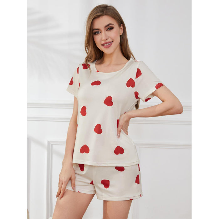 Pajamas Women Summer Cute Sweet Loving Heart Printed Short Sleeved Shorts Home Wear Two Piece Set