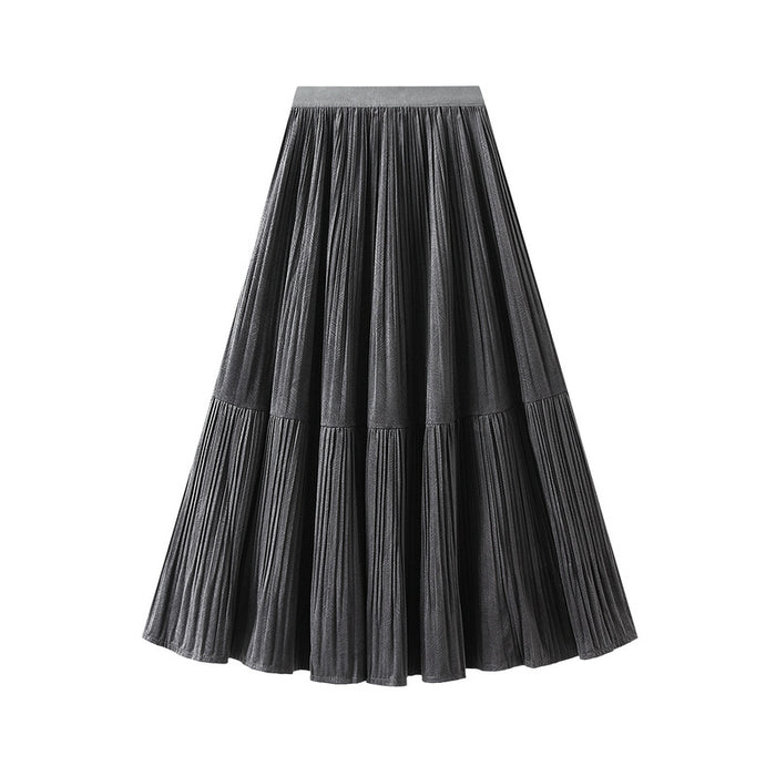 Autumn Vintage Velvet Pleated Skirt Women Skirt Autumn Winter Gold Velvet Dress Midi Dress