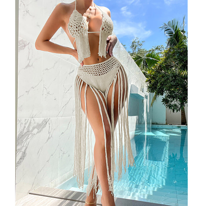 Beach Tourism Hand Crocheting Three Dimensional Floral Tassel Beach Sexy Open Back Swimsuit Bikini Set