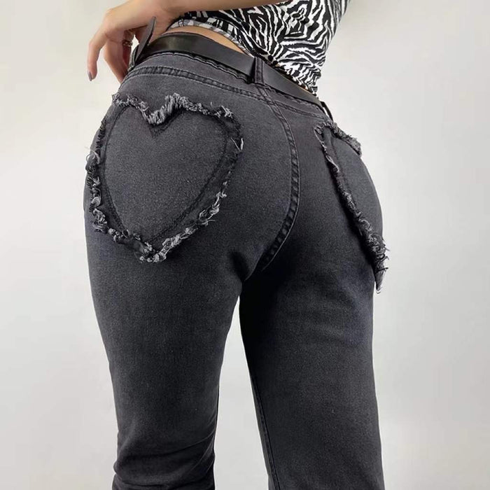 Sweet Sexy Slim Fit Hip Lifting Love Pocket Bell Bottom Pants Retro High Waist Stretch Jeans Trousers