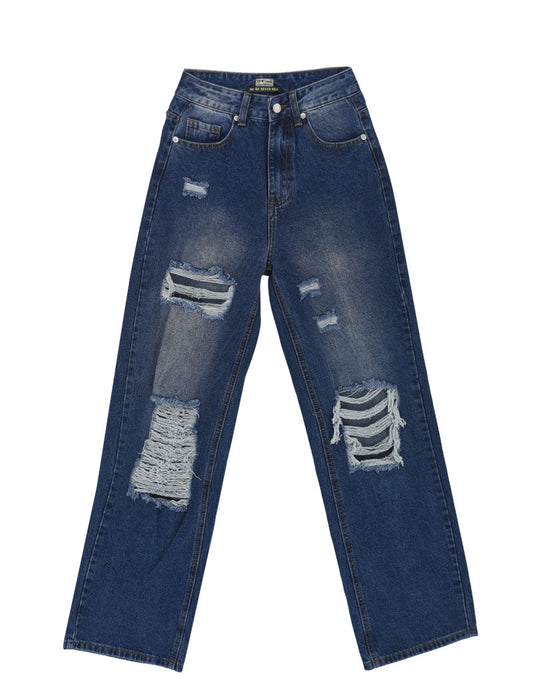 Women High Waist Loose Hole Straight Jeans