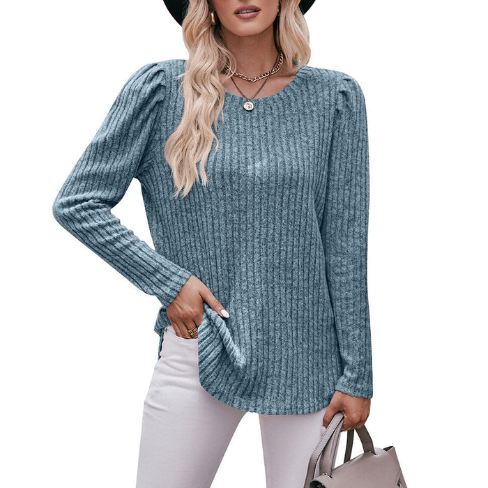 Women round-Neck Puff Sleeve Brushed Sunken Stripe Solid Color Upper Clothes Long Sleeves T-shirt