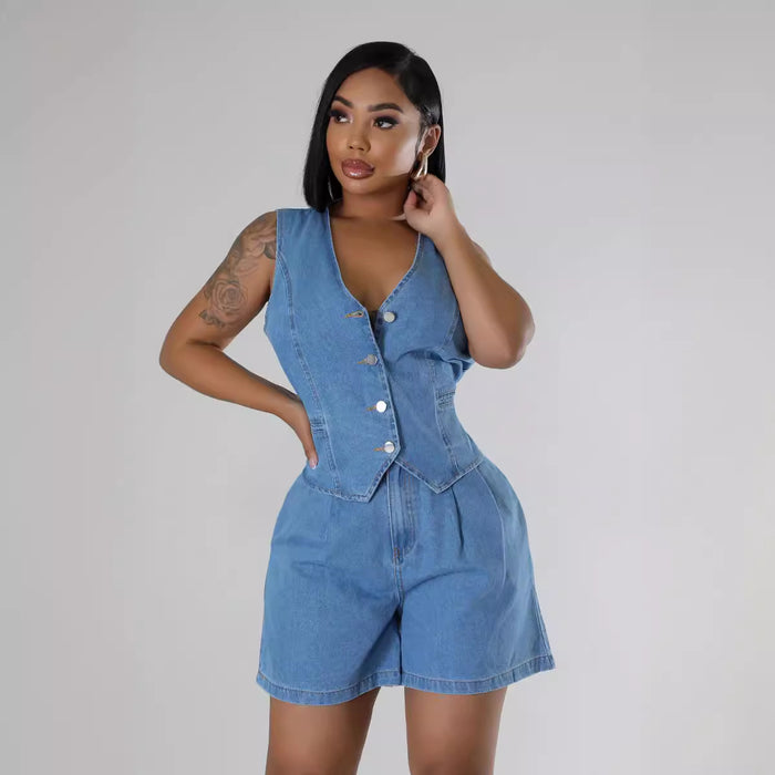 Summer Casual Sleeveless High Waist Women Denim Shorts Sets