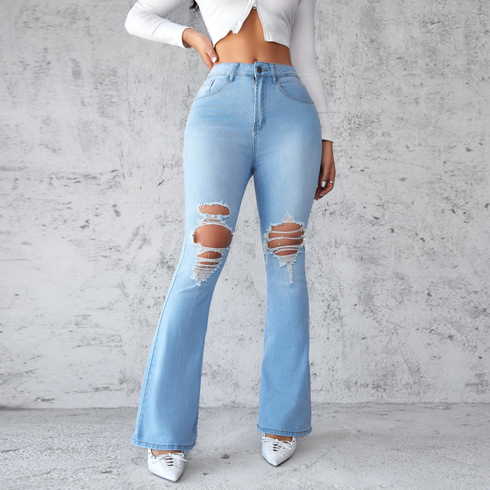 Spring Summer Ripped Jeans Women Office Slim Fit Bootcut Trousers