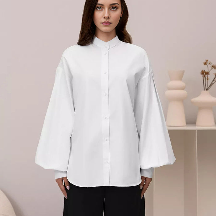 Spring Neutral Minimalist Wildberries Sexy Collared Lantern Sleeve Cardigan Shirt Women Clothing