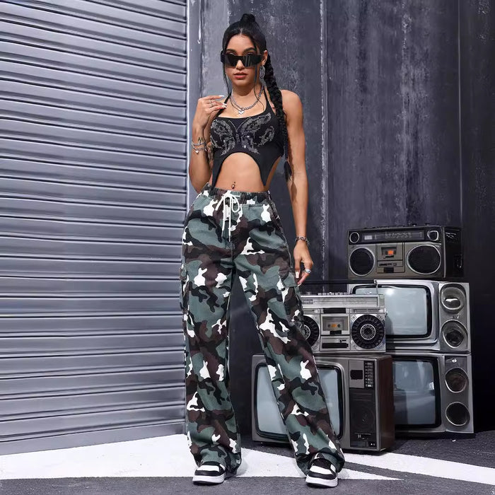 Straight Mop Casual Jeans Spring Summer Retro Camouflage Straight Drawstring Straight Leg Pants Women